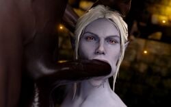 3d baldur's_gate baldur's_gate_3 big_penis blowjob bulge cheek_bulge dark-skinned_male derpderp drow fellatio forgotten_realms interracial interspecies looking_at_viewer minthara penis_in_mouth pointy_ears red_eyes tattoo