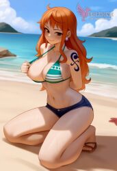 1girls 2d ai_generated areolae ass back bare_shoulders beach big_ass big_breasts bikini bikini_pull bikini_top blue_bikini blue_eyes clothing day erophoenix female female_focus female_only full_body jewelry long_hair looking_at_viewer nami_(one_piece) ocean one_piece orange_hair outdoors pale_skin pale_skinned_female patreon_username pointy_ears purple_hair shorts shounen_jump sitting sky smile solo swimsuit tan tan_lines thick thick_thighs uncensored