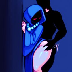 1boy 1boy1girl 1girls against_wall ai_generated bead_necklace blue_background blue_clothing breasts cloak cold_shrike devolver_digital duo exposed_thighs faceless_character faceless_male female glowing_eyes heart heart_symbol hips hood human human_only male male/female motion_lines necklace novelai red_eyes self_upload sex sex_from_behind simple_background the_messenger the_shopkeeper_(the_messenger) thick_thighs thighs