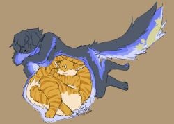 absurd_res anthro artist_name blue_body blue_fur canid canine canis colored diamond_(marking) domestic_cat domestic_dog duo felid feline felis female fluffy fur hi_res male male/female mammal markings meri_(oakfinch) moon_(marking) non-shaded oakfinch signature simple_background sleeping sleeping_pred smile star_(marking) tabby_cat text tyberius_zen unbirthing vaginal_penetration vore watermark x-ray_view