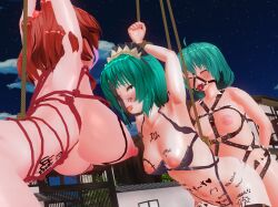 3d 4girls body_writing bondage captured chinkaigyogyo damsel_in_distress eiki_shiki female femdom hecatia_lapislazuli kogasa_tatara komachi_onozuka large_breasts netorare nipples object_insertion rape red_eyes red_hair touhou yuri