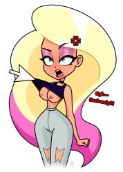 1girls annoyed blush breasts curvy duh! eyeshadow female funny hips lexi_(duh) lipstick long_hair partially_clothed random_kitty_boy randomix showing_breasts solo solo_female