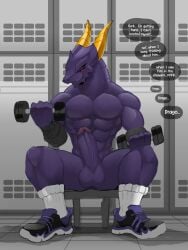 2022 abs absurd_res anthro bakugan balls big_penis blush bottomwear clothed clothing digital_media_(artwork) dragon dumbbell english_text erection exercise footwear genitals hi_res holding_dumbbell holding_object horn humanoid_genitalia humanoid_penis male mostly_nude muscular muscular_anthro muscular_male mythological_creature mythological_scalie mythology pantsless pecs penis percival_(bakugan) profanity purple_body purple_penis red_eyes scalie sellon shoes shorts sitting sneakers socks solo spread_legs spreading text thought_bubble topless topless_anthro topless_male weightlifting weights workout yellow_horn
