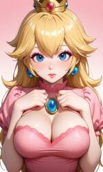 1girls ai_generated bare_arms blonde_hair blue_eyes blush cleavage crown earrings eyebrows eyebrows_visible_through_hair eyelashes eyeliner eyeshadow female hi_res large_breasts lipstick long_hair looking_at_viewer mario_(series) nintendo princess_peach skirt solo solo_female solo_focus super_mario_bros. waifufamily