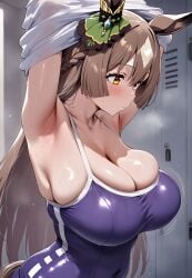 ai_generated animal_ears braided_hair brown_eyes changing_room female horse_girl long_hair satono_diamond_(umamusume) school_swimsuit two_tone_hair umamusume umamusume_pretty_derby