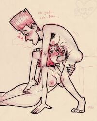 1boy 1girls 2024 2d armpit_hair balls blowjob breasts circumcised clitoris clone_high dialogue fellatio female human jfk_(clone_high) joan_of_arc_(clone_high) littlestfuzz looking_pleasured male male/female male_and_female_focus nipples nude oral oral_sex penis pubic_hair pussy runny_makeup saliva sex shaved_pussy short_hair straight testicles tongue_out_blowjob traditional_art