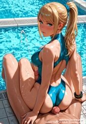 1boy ai_generated ass back back_cutout bangs bare_shoulders blonde_hair blue_eyes blue_one-piece_swimsuit blue_swimsuit blush breasts buttjob closed_mouth clothed_female_nude_male clothing clothing_cutout competition_swimsuit cum day earrings ejaculation erection female female from_behind grinding hair_ornament hair_scrunchie highleg highleg_swimsuit indoors jewelry jousneystudio large_breasts lips long_hair looking_at_viewer looking_back male medium_breasts metroid mole mole_under_mouth nintendo nude nude_male one-piece_swimsuit original outdoors partially_submerged penis ponytail pool poolside projectile_cum samus_aran scrunchie semen sex shiny_skin sidelocks sitting sitting_on_person smile solo_focus spread_legs straight sweat swimsuit tank_suit testicles thigh_sex thighs trembling twitching_penis water wet