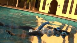 3d anthro areola blue_areola blue_nipples female futanari genitals gynomorph hi_res humanoid intersex lovander lovander_(mayosplash) ninja-max nipples nude nude_anthro nude_female pal_(species) palworld penis pocketpair relaxing solo swimming_pool