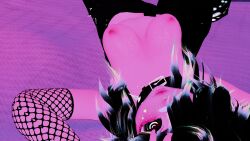 1girls 3d arm_warmers black_hair breasts female female_only fishnets glistening glowing leg_warmers looking_at_viewer lying_on_back multicolored_hair nipples piercing rainbow_hair small_breasts vrchat vrchat_avatar vrchat_model