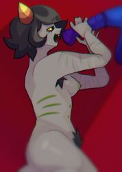1boy 1girls 2d animal_genitalia animal_penis armpit_hair balls black_hair breasts bush digital_media equine_genitalia equine_penis fang feet_out_of_frame female female_focus half-closed_eyes hand_on_penis homestuck homestuck_troll horns horse_penis horsecock imminent_oral male medial_ring multi_nipple nepeta_leijon nipples nude open_mouth penis pubic_hair red_background scar scars self_harm_scars short_hair solo_focus straight strangestedd testicles