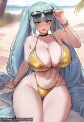 adjusting_eyewear ai_generated bare_shoulders beach bead_bracelet bikini black_choker blue_hair blush bracelet breasts choker chronick cleavage collarbone curvaceous curvy curvy_figure day eyewear_on_head female goddess_of_victory:_nikke highleg highleg_bikini huge_ass huge_breasts jewelry large_breasts long_hair looking_at_viewer nai_diffusion nail_polish navel open_mouth orange_eyes outdoors privaty_(nikke) sitting solo stomach sunglasses swimsuit thick_thighs thighs twintails very_long_hair voluptuous wide_hips