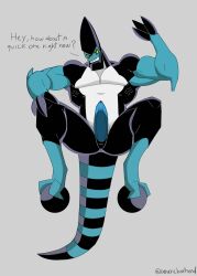 alien ben_10 boner cartoon_network dialogue erection genericboxhead genitals hi_res kineceleran looking_at_viewer male male_only muscular nude penis presenting smile solo solo_male xlr8