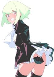 androgynous blonde_hair bob_cut clothing crossdressing embarrassed embarrassed_nude_femboy femboy flbtmrn lio_fotia promare skirt