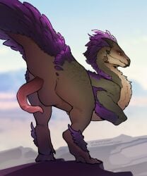 animal_genitalia ankle_tuft ass beak capcom cheek_spikes claws cloaca cloacal_penis day dinosaur erection facial_spikes feathered_wings feathers feral genitals green_body green_scales hi_res horn ket-dawnatsunset leg_tuft long_penis looking_at_viewer male monster_hunter orange_eyes outside penis prehistoric_species presenting presenting_hindquarters presenting_penis pubic_boot pupils purple_body purple_feathers raised_tail reptile scales scalie seikret slit_pupils solo spikes spikes_(anatomy) standing tail tail_feathers tapering_penis theropod tuft white_body white_feathers wings