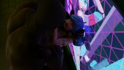 bigger_male black_hood black_skin blue_hair bow dominant_male fishnets gwen_(league_of_legends) heels hood impossible_fit large_insertion large_penis larger_male league_of_legends maid muscular_male naked ridiculous_fit smaller_female submissive_female white_skin