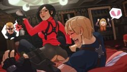 ada_wong albert_wesker ashley_graham black_hair blonde_hair clothed_sex clothing_aside cowgirl_position drooling highres legendsnjk leon_s._kennedy mouth_drool panties panties_aside pinned resident_evil resident_evil_4 resident_evil_4_(remake) sitting sitting_on_person smug underwear