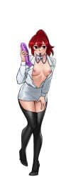 black_footwear black_thighhighs blush breasts cg collared_shirt condom dildo female full_body fuyumi_(hentai_heroes) glasses grey_skirt hair_between_eyes hand_on_own_thigh hentai_heroes high_heels holding id_card kinkoid large_breasts long_hair long_sleeves looking_at_viewer medium_breasts miniskirt mouth_hold nipples no_bra official_art open_clothes open_shirt parody pencil_skirt ponytail red_eyes red_hair sex_toy shirt short_hair skirt smile solo standing thighhighs thighs transparent_background white_shirt