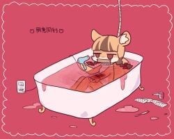 anthro bath bathing bathtub blade blood bodily_fluids brown_body brown_fur brown_hair container cup drugs dryer female fur gore hair hair_dryer inner_ear_fluff japanese_text mammal multicolored_body multicolored_fur noose nude orange_body orange_fur orange_hair pink_background pyonko red_eyes red_ribbon ribbons rodent sciurid self-harm simple_background solo solo_focus suicidal text tree_squirrel tuft twintails white_body white_fur wound_on_arm wounded