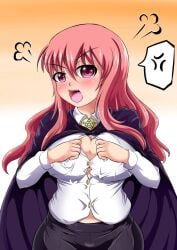 1girls alternate_breast_size anger_vein annoyed big_breasts blush breasts busty cleavage female female_only hi_res large_breasts looking_at_viewer louise_francoise_le_blanc_de_la_valliere open_mouth pink_eyes pink_hair sirat111 skirt solo top_pull voluptuous zero_no_tsukaima