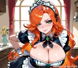 1female 1girls ai_generated big_breasts big_breasts black_eyeshadow breasts breasts cleavage female female_focus female_only green_eyes hands_on_hips huge_boobs huge_breasts kaistar large_boobs large_breasts league_of_legends league_of_legends:_wild_rift long_hair looking_at_viewer maid maid_apron maid_headdress maid_outfit maid_uniform milf miss_fortune mommy patreon shiny shiny_skin smile smiling smiling_at_viewer smirk solo solo_female solo_focus standing