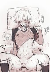 2boys anal anal_sex bed blue_lock blush bottomless bruises drooling femboy gay gay_sex hair_over_one_eye japanese_text kaiser_michael long_hair male male/male male_focus male_only male_penetrated michael_kaiser monochrome nipples open_mouth partially_clothed penetration penis penis_in_ass submissive_male sweat thrusting thrusting_into_ass tremble_spikes trembling yaoi