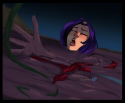anime_character blushed_face blushing covered_in_mud cowboy_bebop detailed_background extended_hand eyes_closed faye_valentine female female_only female_solo gynesisx messy mouth_open mud muddy muddy_hair night night_sky peril purple_hair quicksand scarf sinking struggle struggling vines