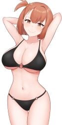 :> armpits arms_behind_head black_bikini blush duel_masters huge_breasts niika slender_waist small_waist smug stretching thighs v-shaped_eyebrows