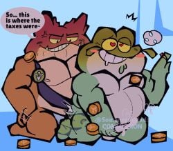 almost_naked amphibian amphibian_humanoid angry_expression angry_face anthro anthro_on_anthro anthro_penetrating_anthro artist_name big_penis blush_lines bog_(amphibia) breath_cloud comission cum_in_ass cum_inside cum_on_body cumming_from_anal_sex cumming_while_penetrated cumming_while_penetrating dialogue dialogue_bubble fap fat_male green_skin hand_on_wall heart_eyes male male/male male_penetrating_male masturbating_while_penetrated mature_male mayor_toadstool money movement_lines nipple_outline old_male onomatopoeia orange_skin pleasured_male shaming simple_background size_difference small_penis somehornydud3 two_tone_body