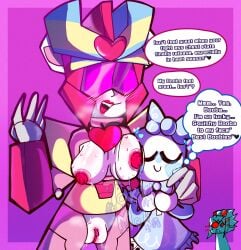 3girls angry_look bear_ears bear_girl blue_bow blue_dress blush_lines breast_exposed breasts_out breath_cloud closed_eyes exposed_breasts exposed_pussy gradient_background lipstick lyzack mecha medium_breasts oc original_character pink_visor pussy robot robot_girl robot_humanoid rosa_(tokki_meki) sweat tagme text text_bubble tokki_meki transformers vagina visor yuri