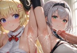 1boy 2girls ai_generated armpits arms_up blonde_hair blush cum cum_on_armpit green_eyes holoforce hololive hololive_fantasy hololive_japan large_breasts large_penis purple_eyes sheep_girl sheep_horns shirogane_noel silver_hair smile tsunomaki_watame virtual_youtuber