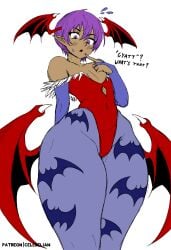 artist_name bridal_gauntlets celebelian colored colored_nails covered_navel cowboy_shot curvaceous curvy curvy_female curvy_figure curvy_hips dark_lighting darkstalkers demon_girl demon_wings dim_lighting english_text fan_colored female finger_to_mouth flying_sweatdrops hair_between_eyes hand_up head_wings huge_thighs leotard lilith_aensland low_wings open_mouth painted_nails pantyhose patreon_username pear_shaped pear_shaped_figure pointy_ears print_pantyhose purple_eyes short_hair simple_background small_breasts solo succubus sweatdrop white_background wide_hips wings