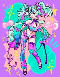 blue_hair cleavage_cutout dog_girl fishnets full_body green_eyes heart_cutout heterochromia hunikin large_breasts navel pruple_background ribbons skindentation twintails yumi_423