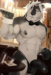 abs anthro areola balls bar barazoku beverage biceps bow_tie bulge chin_piercing clothed clothing clothing_pull container cup digital_media_(artwork) drinking_glass erection felid fur furniture genitals glass glass_container glass_cup hair heterochromia holding_object holding_tray humanoid_genitalia humanoid_penis inside lion male mammal muscular muscular_anthro muscular_male nave navel nipples pantherine pecs penis smile solo standing tail thong thong_only thong_pull tintiai topless underwear underwear_only underwear_pull vein veiny_penis waiter
