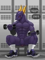 2022 3:4 abs absurd_res anthro bakugan blush bottomwear clothed clothing digital_media_(artwork) dragon dumbbell english_text exercise flaccid footwear genitals hi_res holding_dumbbell holding_object horn humanoid_genitalia humanoid_penis male mostly_nude muscular muscular_anthro muscular_male mythological_creature mythological_scalie mythology pantsless pecs penis percival_(bakugan) purple_body purple_penis red_eyes scalie sellon shoes shorts sitting sneakers socks solo spread_legs spreading text thought_bubble topless topless_anthro topless_male weightlifting weights workout yellow_horn