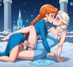 after_sex ai_generated anna_(frozen) blue_eyes boobly breasts closed_eyes cum dress elsa_(frozen) frozen_(film) futa_on_futa futa_with_futa futanari ice intersex kissing medium_breasts missionary_position orange_hair penis penises_touching sex white_hair