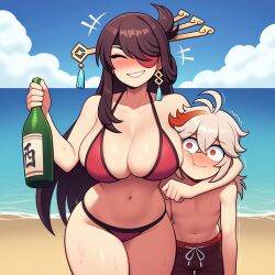 1boy 1girls ai_generated beach beidou_(genshin_impact) bikini blush drunk female femboy femboy_on_female flustered genshin_impact gentle_femdom holding_bottle kaedehara_kazuha male mihoyo swimwear twink yasuhikonsfw