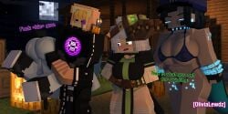 1boy 3girls arthur_(arthur32) black_hair blue_bra blue_thong bra chains drunk female godzilla_(cosplay) grace_(ender2435) green_thong halloween halloween_costume karla_(gtsminecraft) makeup male minecraft moon night olivia_(olivialewdz) olivialewdz plague_doctor_(cosplay) rebecca_(edgerunners)_(cosplay) spiked_collar thong white_hair