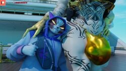 3d_(artwork) anthro balls_outline biped bulge camseven clothing detailed_bulge digital_media_(artwork) domestic_cat duo epic_games fangs felid feline felis fortnite fur furgonomic_hoodie genital_outline gold_body gold_thong hand_on_another's_shoulder hand_on_hip hand_on_shoulder head_on_hip hi_res hoodie male mammal meowdas nyanja_(fortnite) patreon patreon_logo penis_outline pink_inner_ear red_body red_fur tattoo teeth topwear whiskers white_body white_fur yellow_eyes