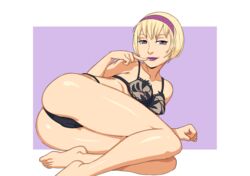 1girls black_bra black_panties blonde_hair breasts homestuck lipstick magi ms_paint_adventures nipples on_side purple_eyes purple_lipstick rose_lalonde short_hair simple_background smile solo underwear white_skin