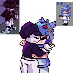 1boy 1boy1girl 1girls artist_request black_eyes black_hair black_hat black_shirt blue_hair female fnf fnf_mod friday_night_funkin friday_night_funkin_mod kissing male male/female moana_melville naxinet_(character) oc original_character tagme white_background white_body white_skin