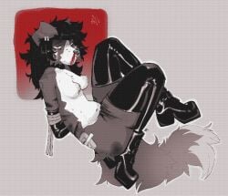 anthro arms_tied armwear ass bandage bite_mark bite_mark_on_arm bite_mark_on_breast black_armwear black_boots black_clothing black_footwear black_hair black_latex black_legwear black_thigh_highs blood blood_in_mouth bodily_fluids bondage bondage boots bound breasts bruised bruised_butt canid canine clothing collar dithering ear_piercing facial_piercing female footwear gloves hair handwear humanoid latex latex_armwear latex_boots latex_clothing latex_footwear latex_gloves latex_handwear latex_legwear latex_stockings latex_thigh_highs legwear mammal messy_hair midizuid monochrome multicolored_body nose_piercing nosebleed piercing shoes small_breasts solo stockings tears tears_of_pain tears_on_cheek thigh_highs two_tone_body two_tone_tail wounded