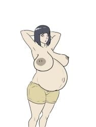 1girls belly big_belly big_breasts bookman_v breasts female hands_behind_head huge_belly huge_breasts hyuuga_hinata naruto naruto_(series) nipples outie_navel pregnant solo super_belly