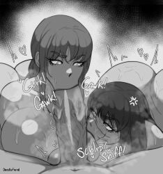 1boy 1boy2girls 2girls angry anime annoyed areolae ass balls bent_over big_ass big_breasts big_penis black_and_white black_hair blowjob breasts chainsaw_man competition cum deepthroat doodlefiend double_blowjob dripping female huge_ass huge_breasts looking_at_another makima_(chainsaw_man) male male_pov manga musk naked naked_female nipples no_background open_mouth penis pov saliva sex shounen_jump siblings sisters sound_effects spiral_eyes sucking sucking_balls sucking_penis sweat threesome veiny_penis watermark yoru_(chainsaw_man)