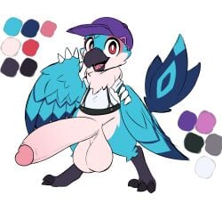 1boy 2025 archaeopteryx avian baseball_cap beak bird_tail blue_body blue_feathers claws digital_drawing_(artwork) digital_media_(artwork) dinosaur feathered_dinosaur feathered_wings feathers half-dressed hat headwear hyper hyper_balls hyper_genitalia hyper_penis male miso_souperstar multicolored_body multicolored_fur original original_character partially_clothed red_eyes shirt solo tail teeth waving white_body white_feathers wings