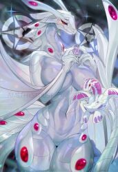 amethystdust anthro bakugan big_breasts biped black_sclera breasts dragon eyebrows eyelashes featureless_crotch female hi_res looking_at_viewer membrane_(anatomy) membranous_wings mythological_creature mythological_scalie mythology non-mammal_breasts nude pupils red_eyes scalie solo tail thick_thighs wavern wide_hips wings