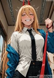 ai_generated bangs black_jacket black_necktie black_neckwear black_pants blonde_hair blue_jacket blush breasts chainsaw_man clenched_teeth clothing collar collared_shirt cross-shaped_pupils demon_horns dress_shirt english_text female female formal grin hair_between_eyes holding holding_leash horns indoors jacket jousneystudio large_breasts leash leash_pull long_hair long_sleeves looking_at_viewer medium_breasts necktie neckwear off_shoulder open_clothes open_jacket orange_eyes pants pov_hands power power_(chainsaw_man) red_horns sharp_teeth shirt shirt_tucked_in smile solo standing suit sweat symbol-shaped_pupils teeth text trembling white_shirt window yellow_eyes