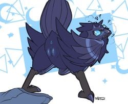 avian bird black_body bodily_fluids bottomwear claws clothing confusion denim denim_bottomwear denim_clothing embarrassed embarrassed_female eyewear feathers female female_symbol feral gender_symbol gender_transformation genitals glasses hi_res jeans nintendo nulloffset pants pokemon pussy solo sweat symbol transformation