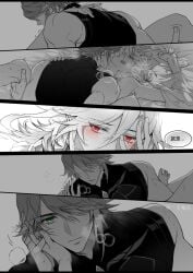 alhaitham_(genshin_impact) black_and_white gay genshin_impact kaveh_(genshin_impact) missionary_position monochrome yaoi