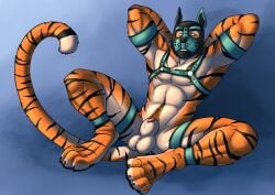 absurd_res animal_genitalia animal_mask anthro athletic athletic_anthro athletic_male balls blue_harness body_hair felid front_view fur genitals glistening glistening_eyes green_eyes hands_behind_head happy_trail harness hi_res hufnaar kato_(light_sanrei) looking_at_viewer male male_anthro mammal markings mask o-ring orange_body orange_fur pantherine penis penis_tip pubes pup_mask red_penis sheath solo striped_arms striped_legs striped_markings striped_tail stripes tail tail_markings tiger wearing_mask white_balls white_body white_fur white_sheath