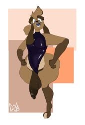 absurd_res anthro ass balls big_balls big_butt big_penis blue_tongue canid canine canis clothing darkened_genitalia darkened_penis dew_(gloodonart) domestic_dog eyebrows foot_on_wall freckles genitals gloodonart goo_creature gynomorph hair hair_bun hands_on_hips hi_res huge_balls huge_cock hyper hyper_balls hyper_genitalia hyper_penis intersex latex latex_creature living_latex long_ears looking_at_viewer male_only mammal one-piece_swimsuit penis shapeshifter smile solo swimwear thick_eyebrows thick_thighs tongue wide_hips